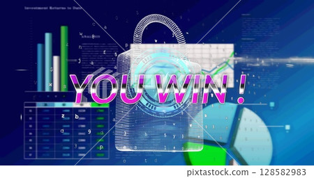 Image of you win text over data processing and padlock icon Image of you win text over data processing and padlock icon 128582983