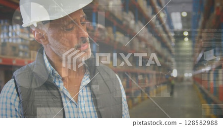 Image of financial data processing over biracial warehouse worker 128582988