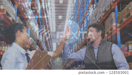 Image of financial data processing over three diverse warehouse worker Image of financial data processing over three diverse warehouse worker 128583001