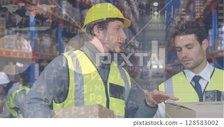 Image of financial data processing over two caucasian warehouse worker Image of financial data processing over two caucasian warehouse worker 128583002