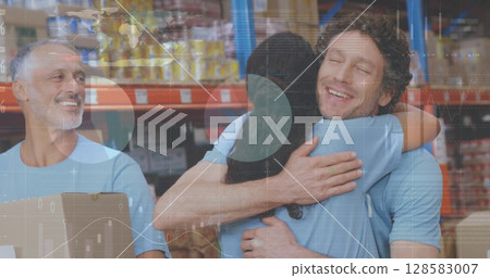 Image of financial data processing over three diverse warehouse worker 128583007