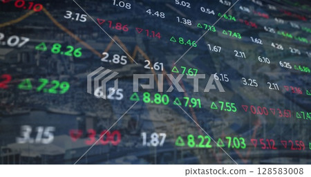 Composite image of stock market data processing against cityscape in background 128583008