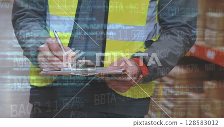 Image of financial data processing over caucasian warehouse worker 128583012