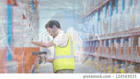Image of financial data processing over caucasian warehouse worker 128583015