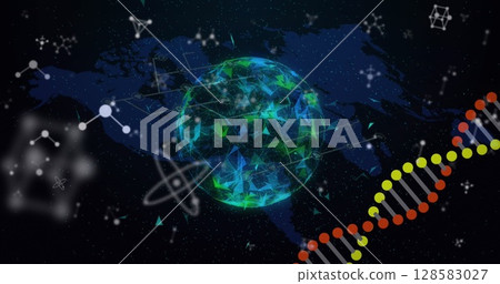 Image of dna strand spinning and molecules over globe and world map Image of dna strand spinning and molecules over globe and world map 128583027