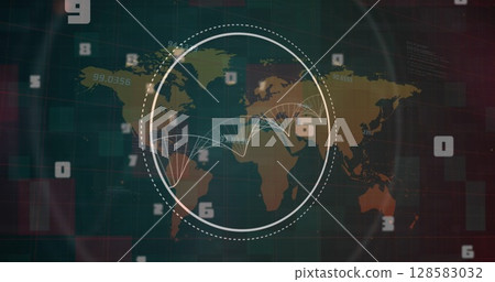 Image of dna strand spinning and data processing over world map 128583032