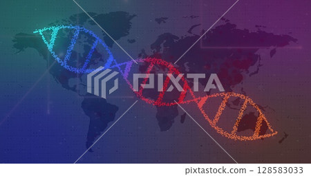Image of dna strand spinning and glowing lines over world map Image of dna strand spinning and glowing lines over world map 128583033