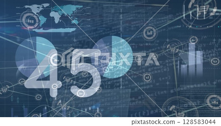 Image of digital interface and network of connections over blue background 128583044