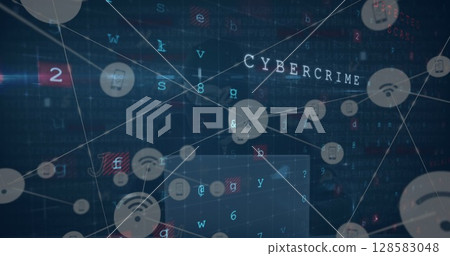 Image of digital interface and network of connections over hacker 128583048