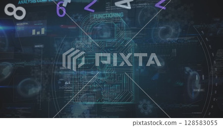 Image of digital interface with security padlock over dark background 128583055