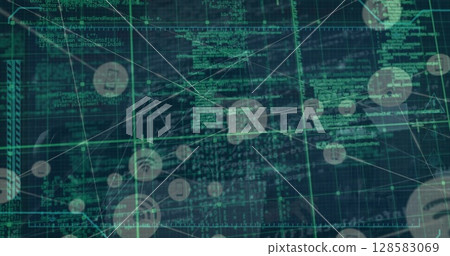Image of digital interface and network of connections over hacker Image of digital interface and network of connections over hacker 128583069