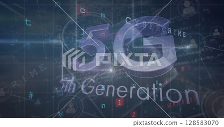 Image of 5g text and network of connections over landscape 128583070