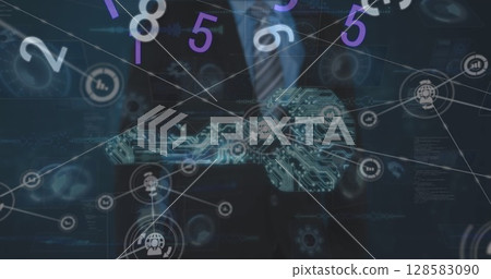 Image of digital interface and network of connections over businessman 128583090