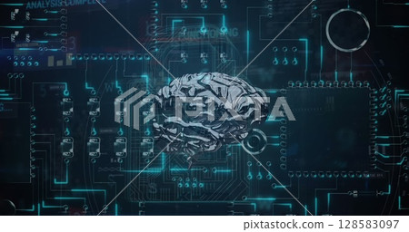 Brain spinning over security padlock icon against microprocessor connections on blue background 128583097