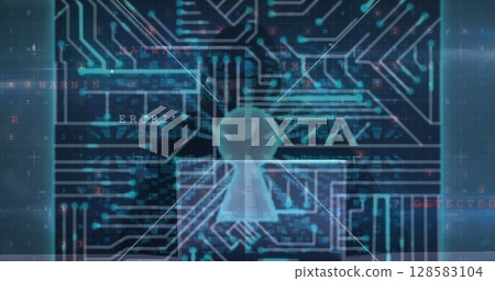 Image of data processing, cyber crime and digital padlock over hacker on navy background Image of data processing, cyber crime and digital padlock over hacker on navy background 128583104