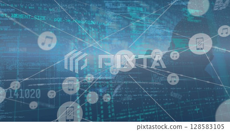 Image of data processing and network of connections over blue background 128583105