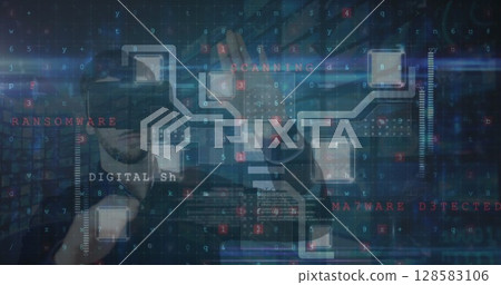 Cyber security data processing against caucasian man wearing vr headset touching an invisible screen Cyber security data processing against caucasian man wearing vr headset touching an invisible screen 128583106