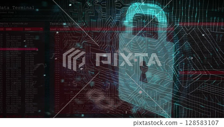 Multiple changing numbers and letters against security padlock icon and microprocessor connections 128583107