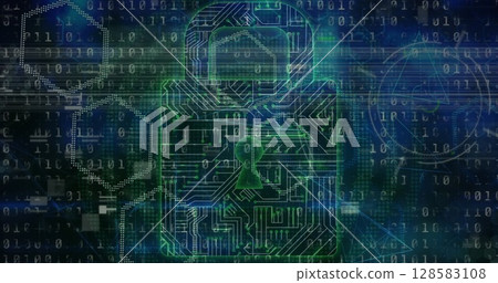 Microprocessor connections forming a security padlock icon against binary coding data processing Microprocessor connections forming a security padlock icon against binary coding data processing 128583108