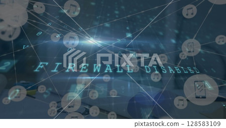 Image of warning text and network of connections over office 128583109