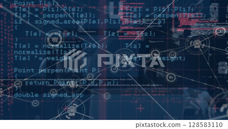 Image of digital interface and network of connections over hacker 128583110