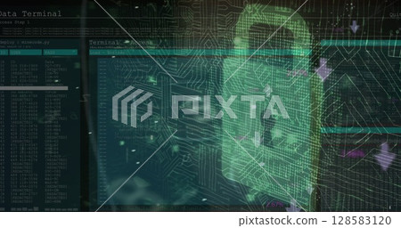 Security padlock icon and microprocessor connections against close up of a male hacker 128583120