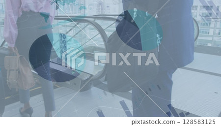 Image of financial data and graphs over diverse businesspeople walking to escalator Image of financial data and graphs over diverse businesspeople walking to escalator 128583125