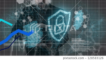 Image of biometric security with blue lines and data over caucasian businessman Image of biometric security with blue lines and data over caucasian businessman 128583126