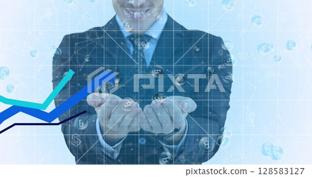 Image of financial data processing with blue lines and bitcoins over caucasian businessman Image of financial data processing with blue lines and bitcoins over caucasian businessman 128583127