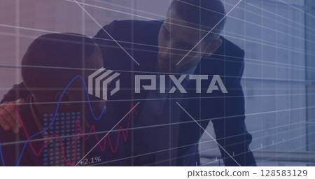 Image of financial data and graphs over diverse businessmen talking 128583129
