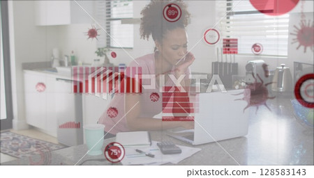 Image of data processing over african american woman using laptop 128583143