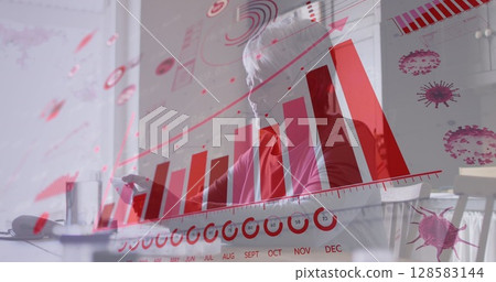 Image of virus cells and graphs over biracial senior woman using smartphone 128583144