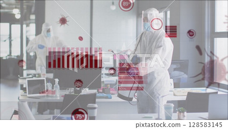 Image of data processing over people with safety suits disinfecting office 128583145