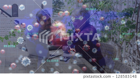 Image of data processing and virus cells over senior biracial couple using laptop Image of data processing and virus cells over senior biracial couple using laptop 128583148