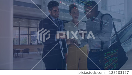 Image of financial data and graphs over happy diverse businesspeople talking in office 128583157