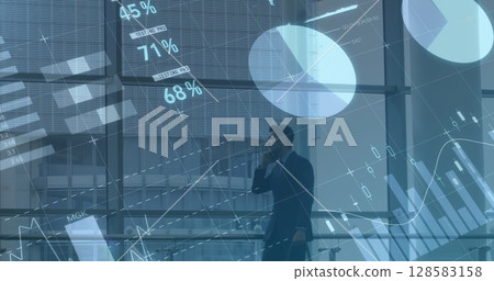 Image of financial data and graphs over caucasian businessman using smartphone 128583158