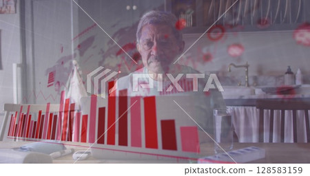 Image of graphs and virus cells over sad biracial senior man sitting alone at home 128583159