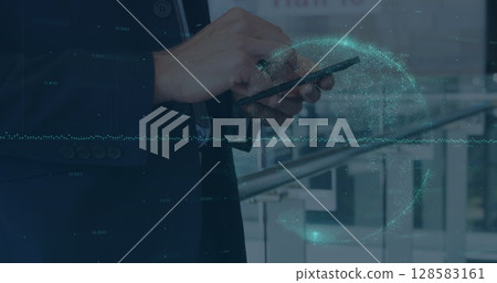 Image of financial data and globe over hands of caucasian businessman using smartphone 128583161