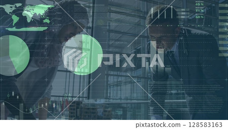 Image of financial data and graphs over diverse businessman and businesswoman working 128583163