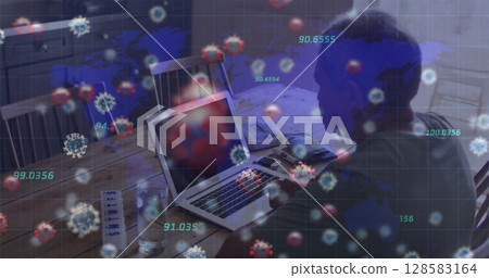 Working elderly man using laptop at home dining table, with papers and virus overlay, copy space 128583164