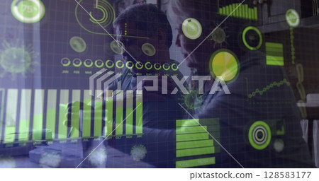 Image of data processing over senior biracial couple talking 128583177