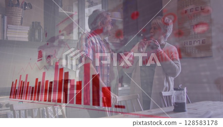 Image of data processing over senior biracial couple talking 128583178