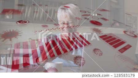 Image of data processing over happy senior biracial woman using smartphone Image of data processing over happy senior biracial woman using smartphone 128583179