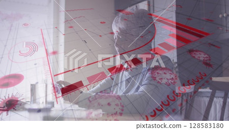 Image of graphs and virus cells over sad biracial senior woman using smartphone at home 128583180