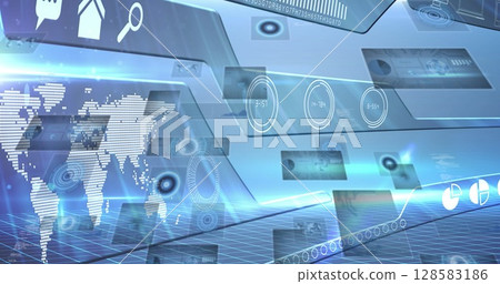 Digital image of digital interface with data processing against blue background 128583186