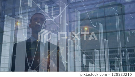 Image of data processing over caucasian businessman walking 128583210