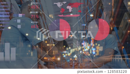 Image of data processing over happy diverse workers in warehouse Image of data processing over happy diverse workers in warehouse 128583220
