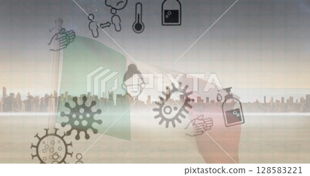 Showing Italian flag covering sand near city skyline, with health icons like virus, handwash, mask Showing Italian flag covering sand near city skyline, with health icons like virus, handwash, mask 128583221