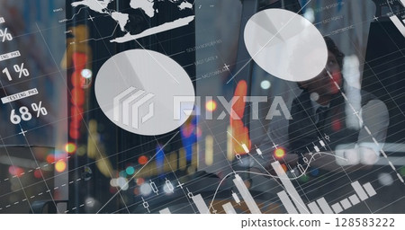 Image of data processing over caucasian male worker in warehouse Image of data processing over caucasian male worker in warehouse 128583222