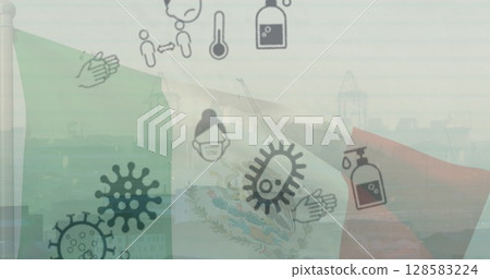 Translucent Mexican flag overlaying port scene, with cargo cranes and virus prevention icons 128583224
